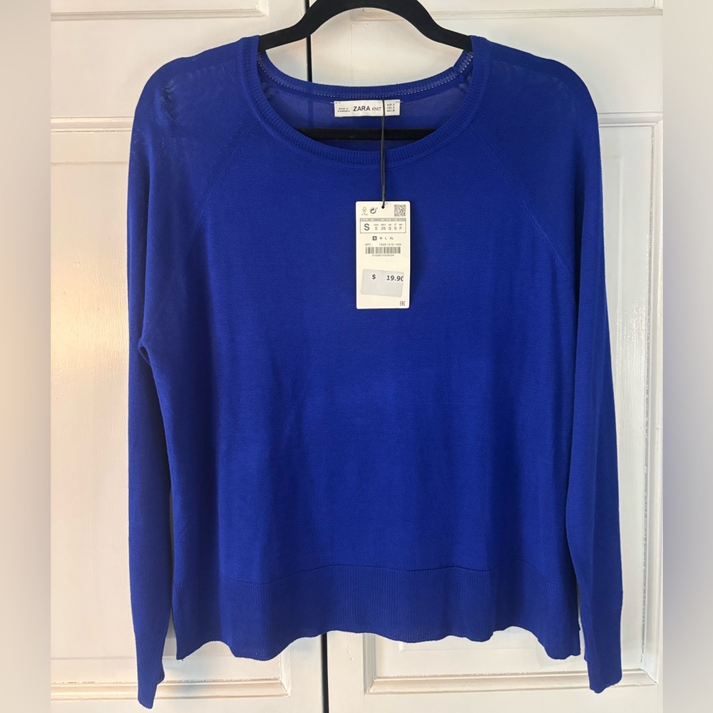 ZARA Blue Featherweight, Fine-Knit, Round-Neck Pullover Sweater, Small | NWT